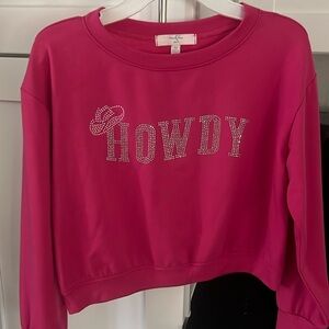 Hot pink thin lining sweatshirt, Medium in a big girls flashy howdy rhinestones